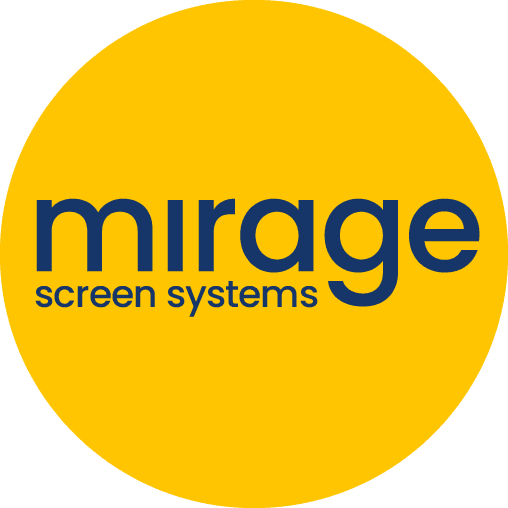 Mirage Screen Systems logo with blue text on a yellow circular background.