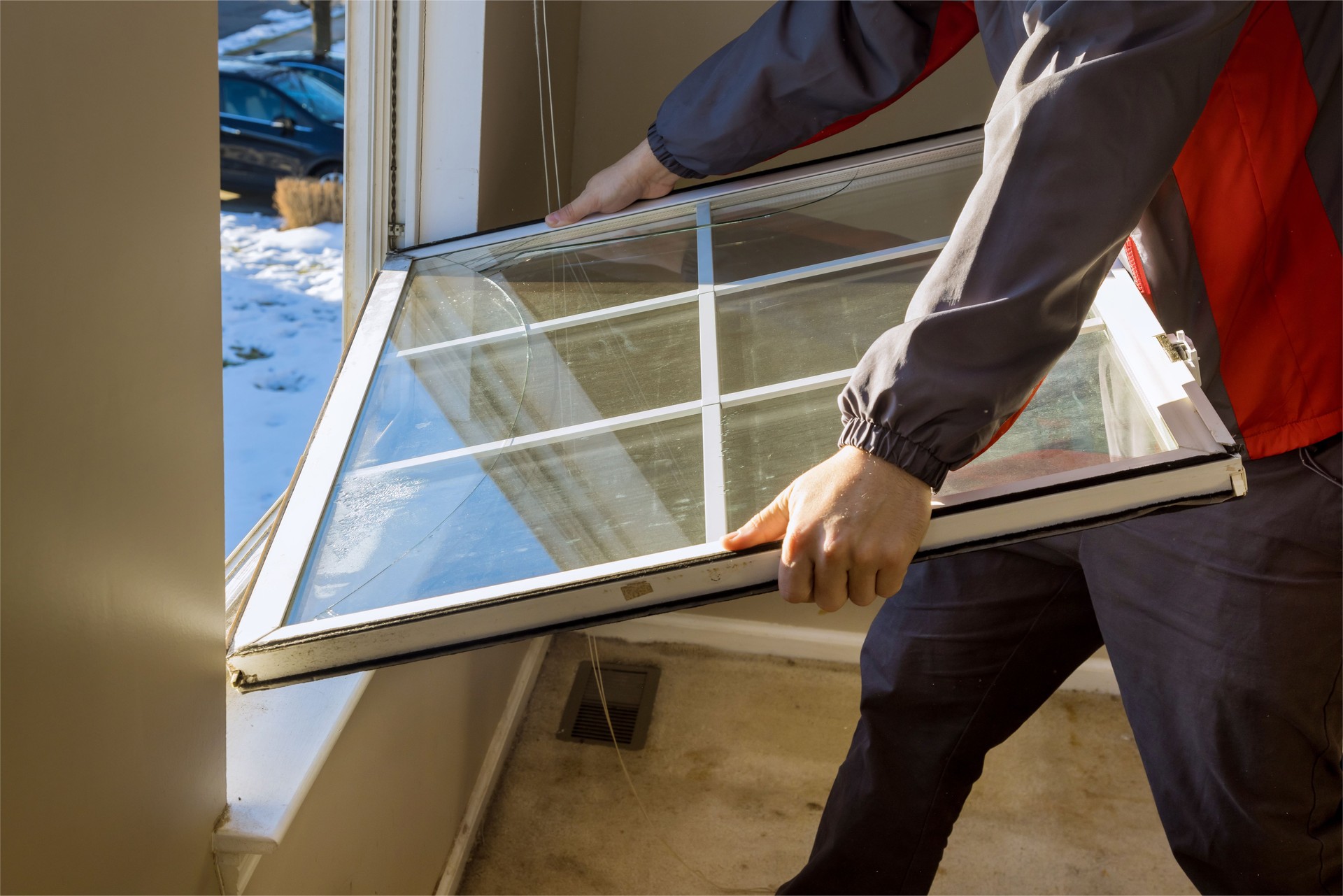 Worker in the removing break down, windows in the home renovation living energy efficiency