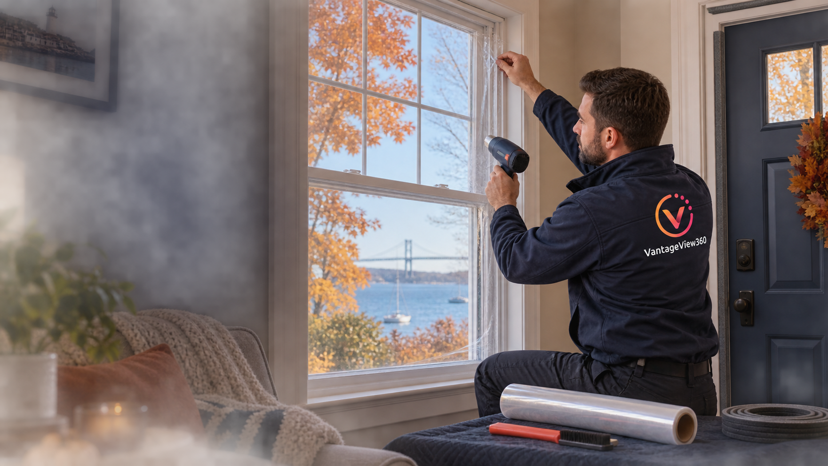 VantageView360 installer applying seasonal window film in a Rhode Island home
